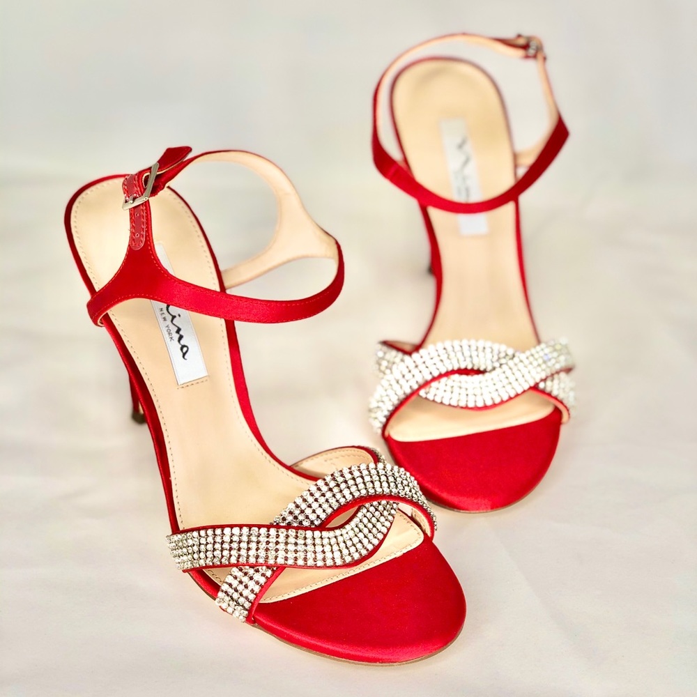 Nina Red Satin Strappy Heels BNIB